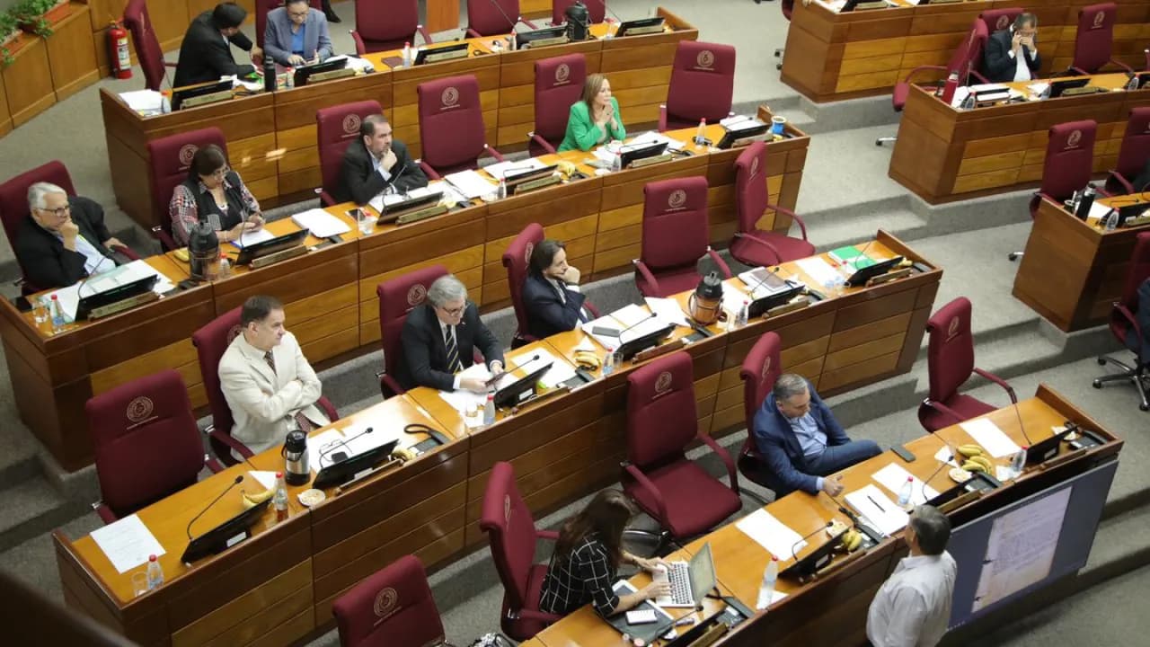 Senadores paraguayos sentados en sus bancas durante una sesión plenaria en la Cámara de Senadores.