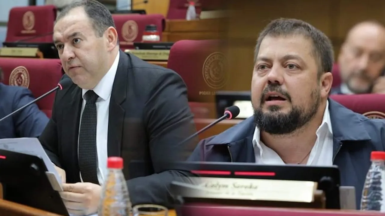 Dos legisladores paraguayos en sus bancas del Senado hablando frente a micrófonos durante una sesión.