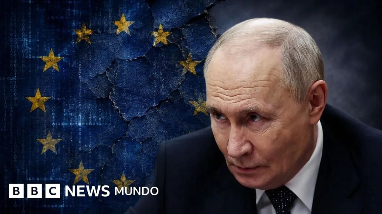 Vladimir Putin con expresión seria al lado de un fondo azul agrietado con estrellas amarillas de la Unión Europea.