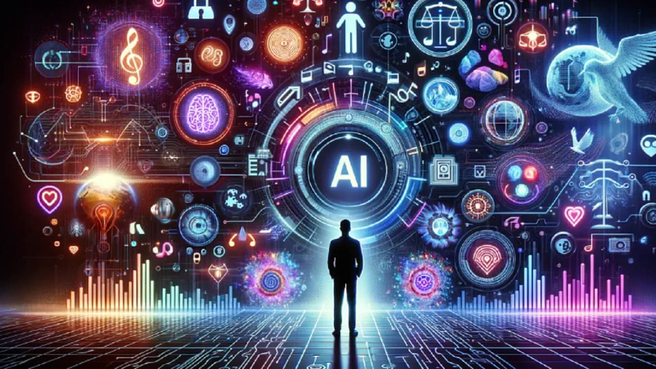 Silueta de una persona frente a una gran pantalla digital con gráficos, iconos de colores y las letras AI en el centro.