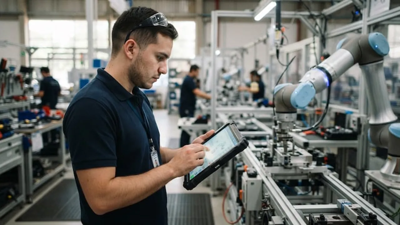 Un técnico con anteojos de seguridad opera una tableta digital frente a un brazo robótico en una fábrica moderna.