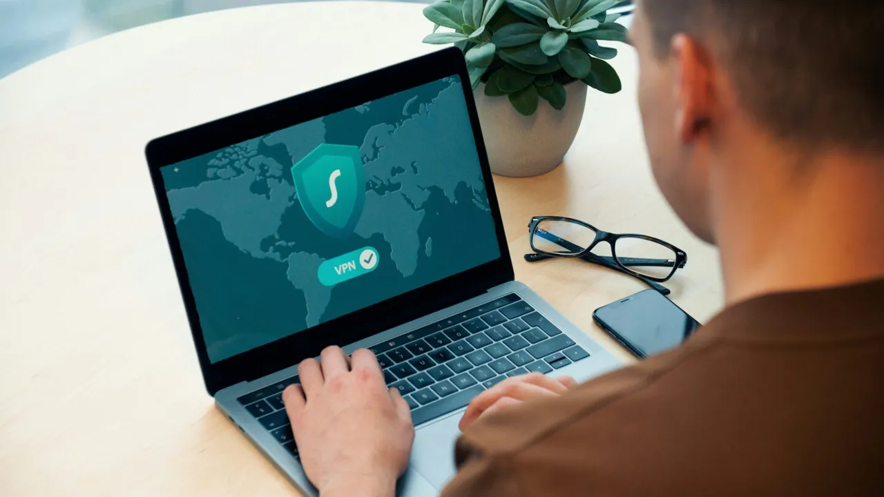 Persona de espaldas usando una computadora portátil que muestra un escudo de seguridad con la sigla VPN.