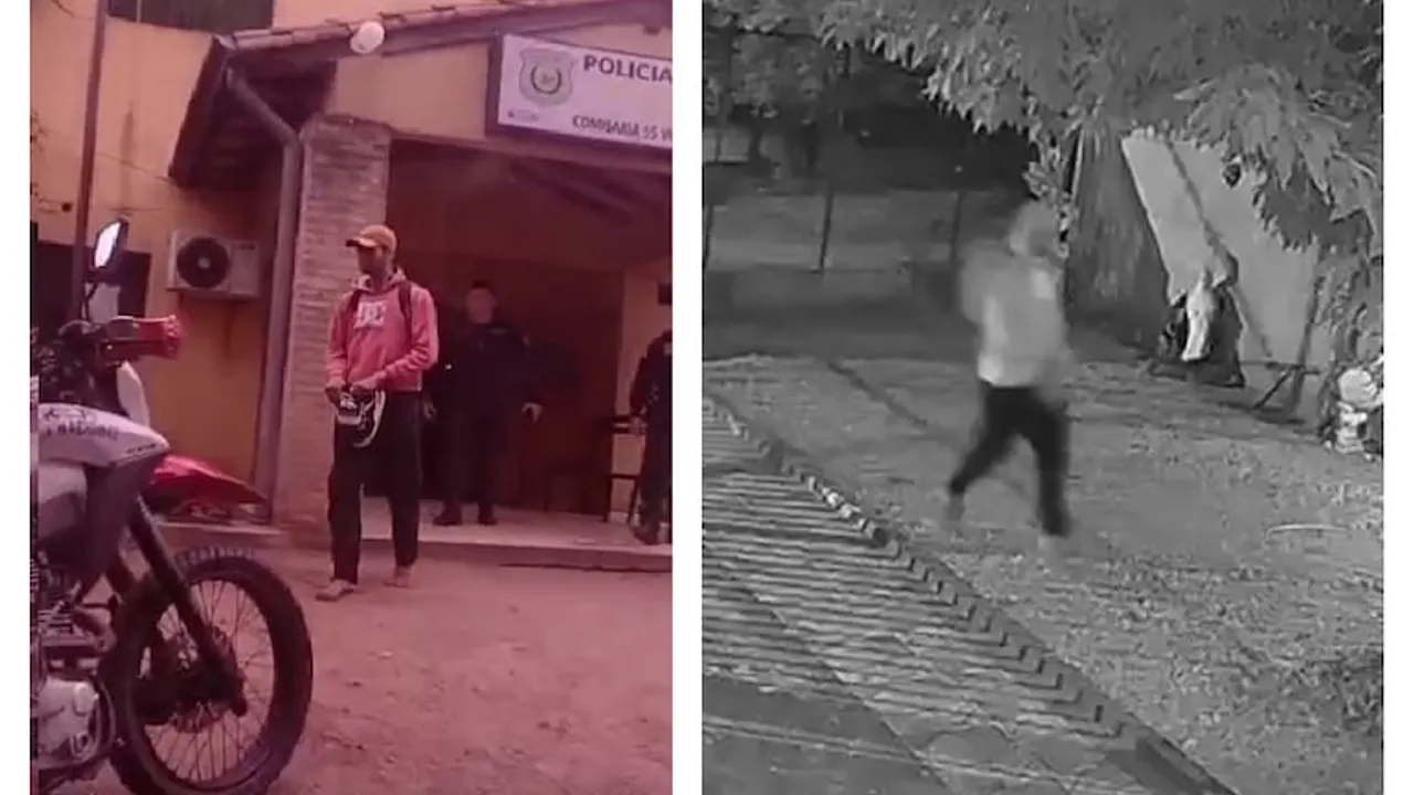 Hombre con abrigo rosa sale de una comisaría junto a una toma de cámara de seguridad nocturna.