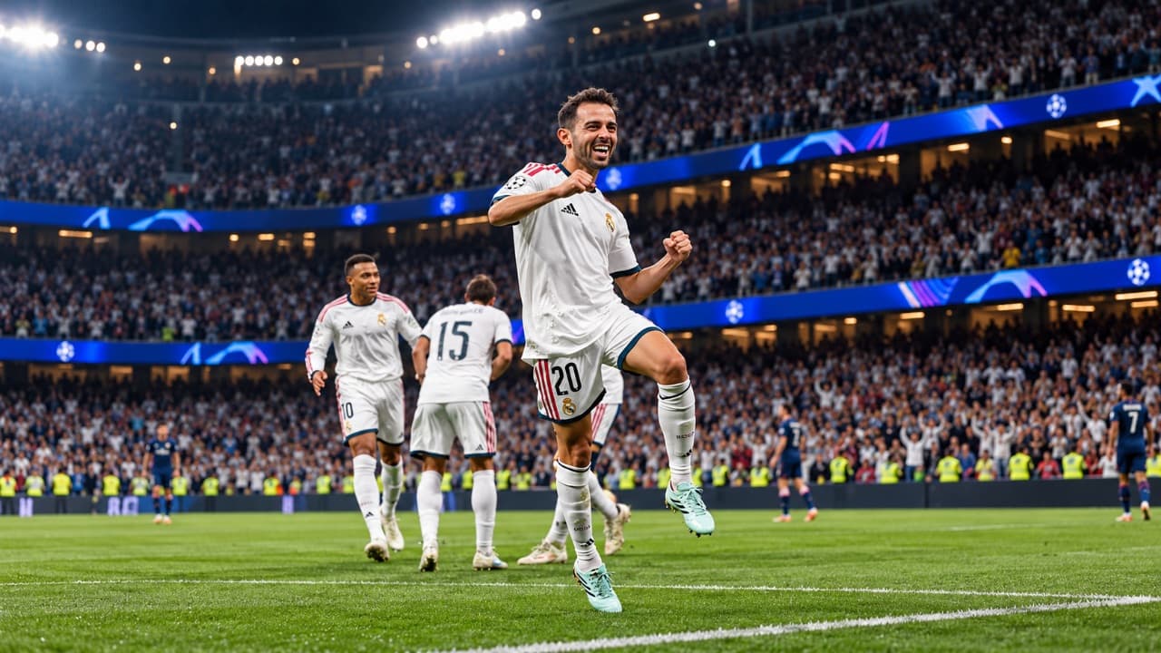Bernardo Silva celebra su primer gol con el Real Madrid ante el Leipzig