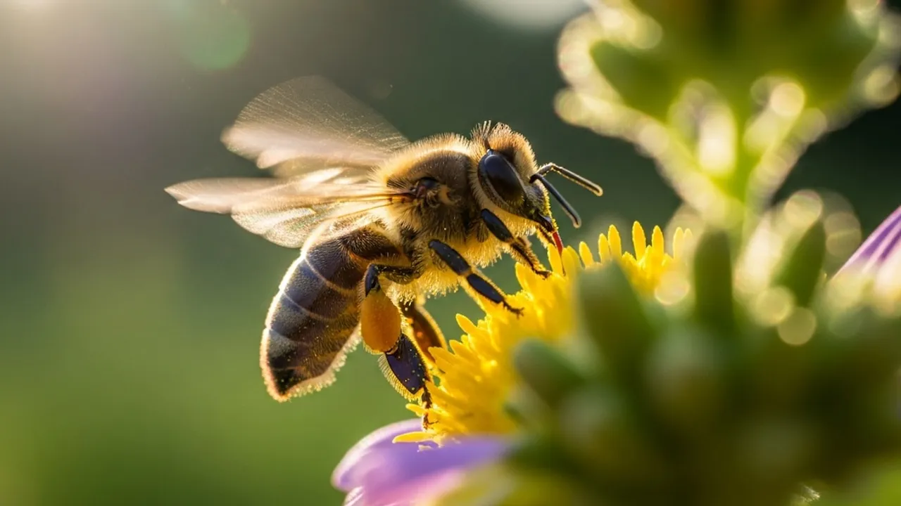 Abeja posada recolectando polen sobre una flor amarilla iluminada por la luz del sol