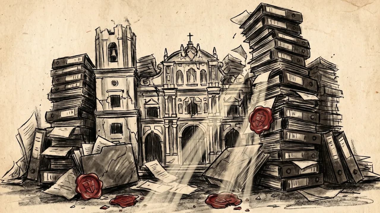 Dibujo de una catedral histórica flanqueada por altas torres de expedientes judiciales y sellos de cera rotos.
