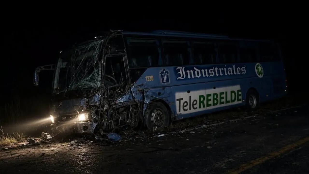 Ómnibus azul de Industriales con severos daños en el frente y parabrisas roto al costado del camino por la noche.