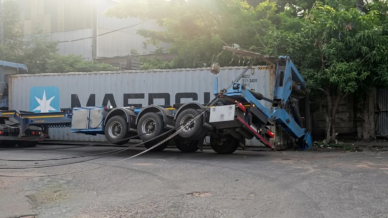 Camión de transporte volcado de costado tras ceder su carga con contenedor metálico y cables en el suelo