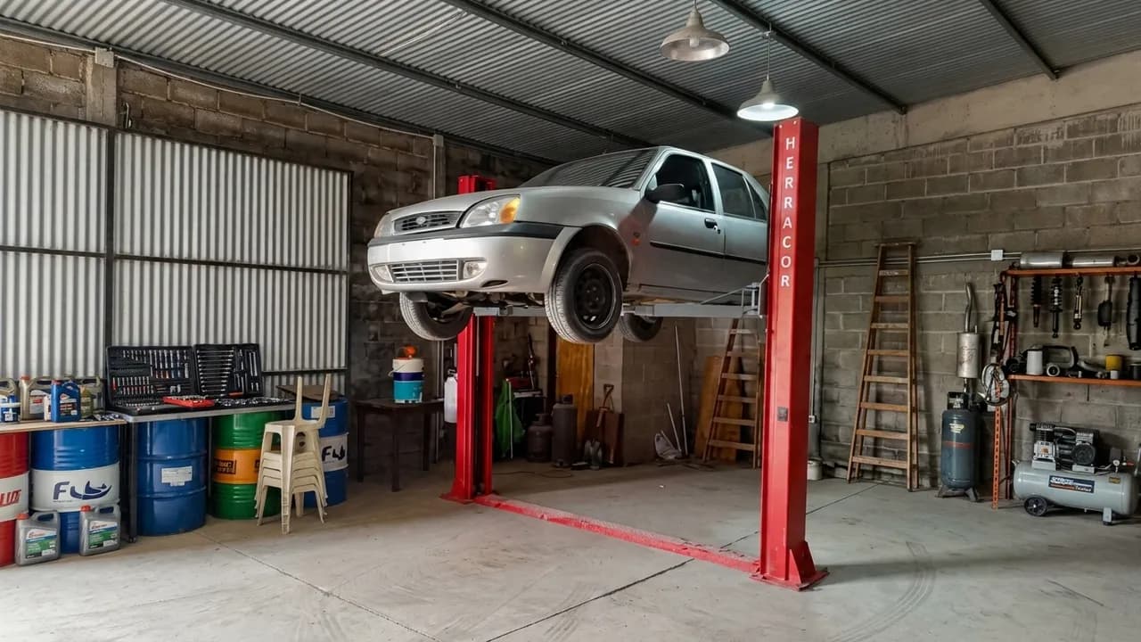 Automóvil gris elevado sobre una rampa hidráulica roja en el interior de un taller mecánico con herramientas y tambores.