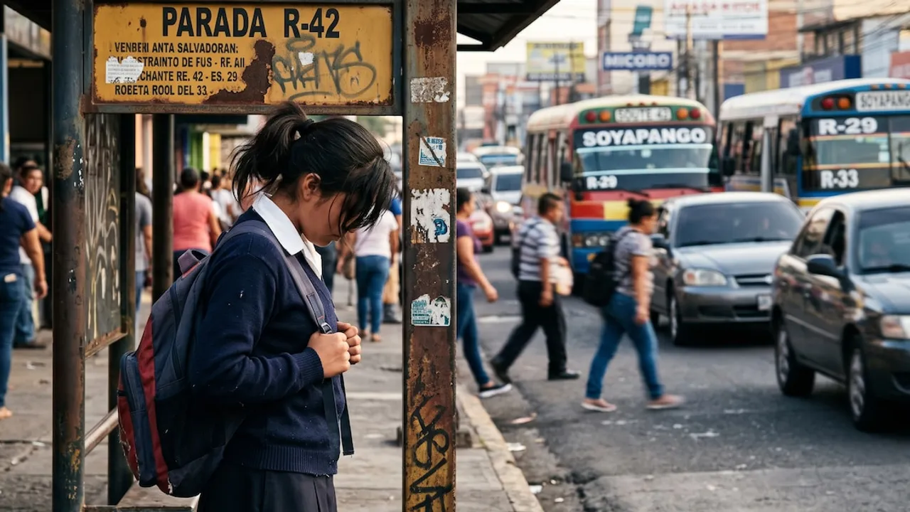 Joven estudiante con mochila espera cabizbaja en una parada de transporte público junto al tránsito vehicular urbano.