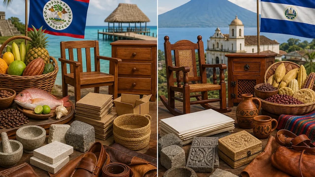 Muestra de productos artesanales, agrícolas e industriales frente a las banderas de Belice y El Salvador.