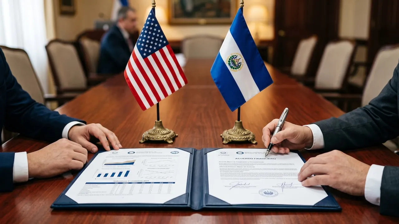 Banderas de Estados Unidos y El Salvador sobre una mesa donde dos personas firman un acuerdo financiero