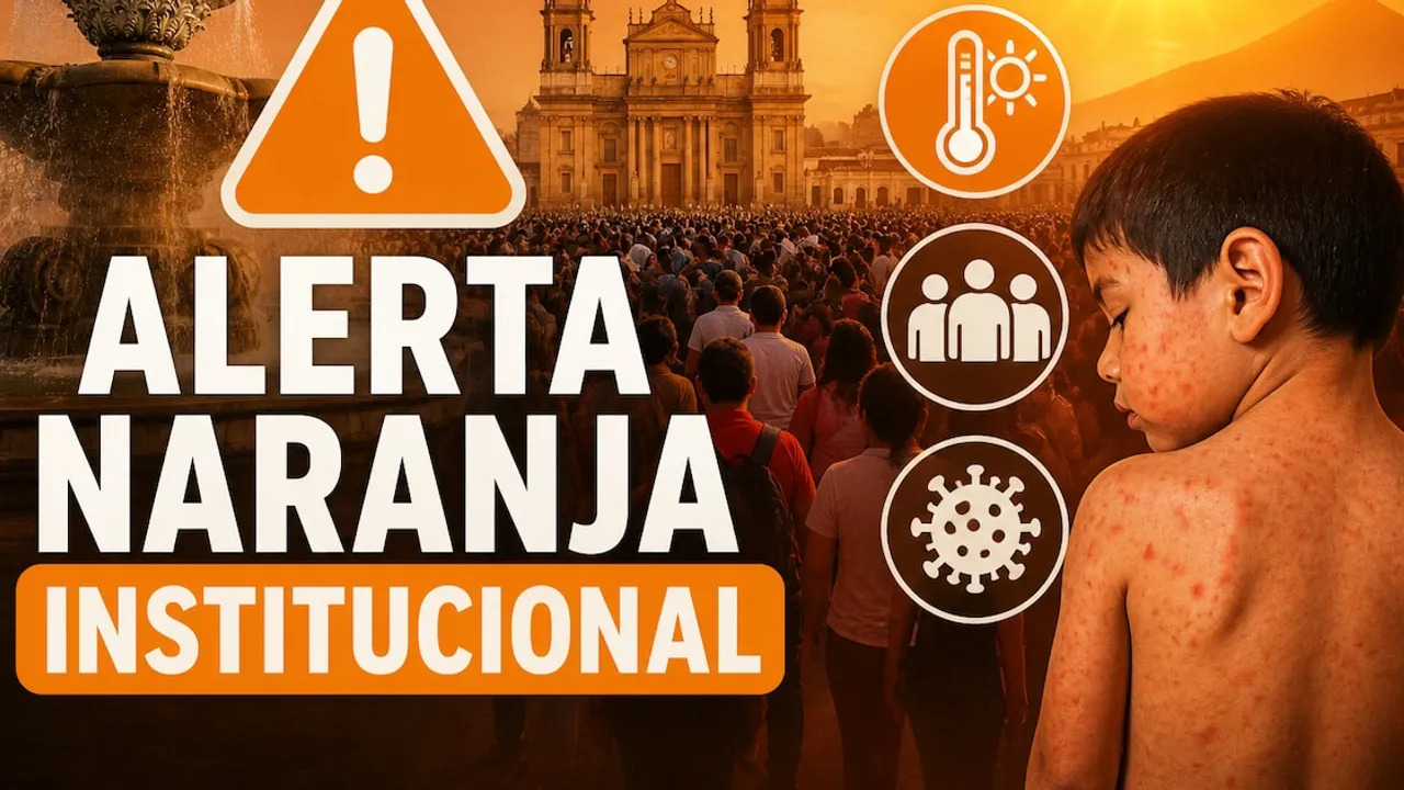 Gráfico con cartel de alerta naranja, multitud frente a iglesia y niño con sarpullido en la espalda.
