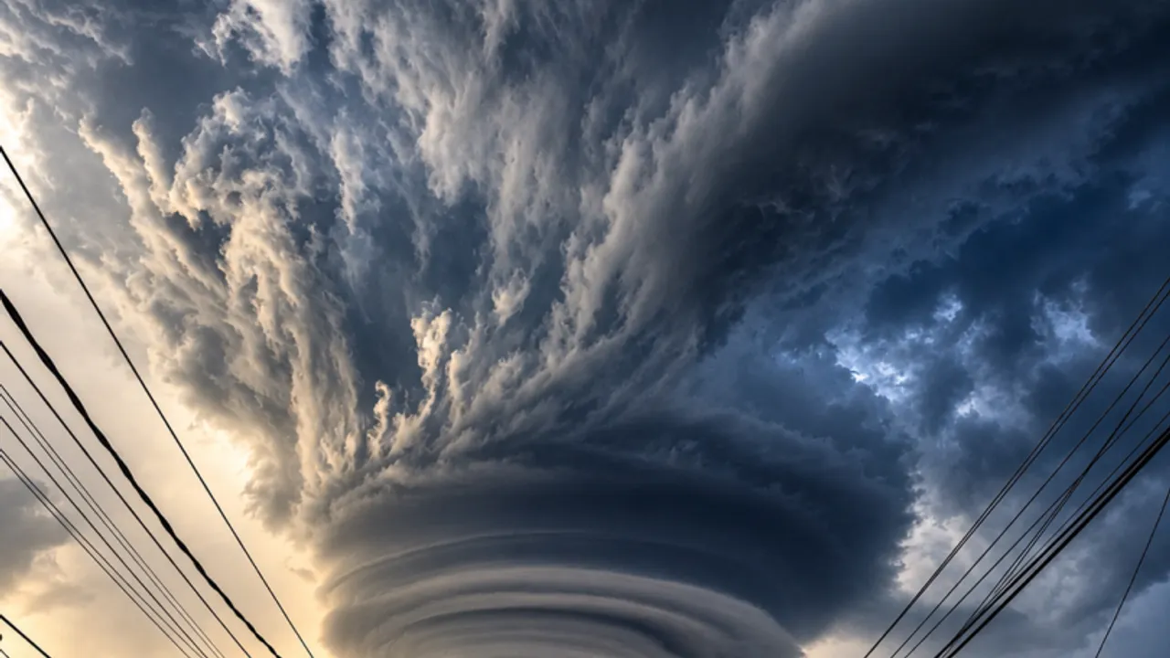 Nube de tormenta con forma de embudo y base oscura cubriendo el cielo sobre cables del tendido eléctrico.