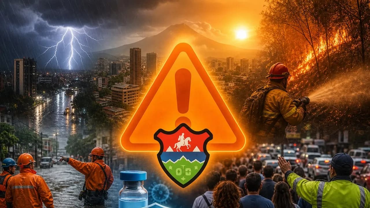 Composición gráfica con advertencia municipal, bomberos combatiendo fuego, inundaciones urbanas y rayos.