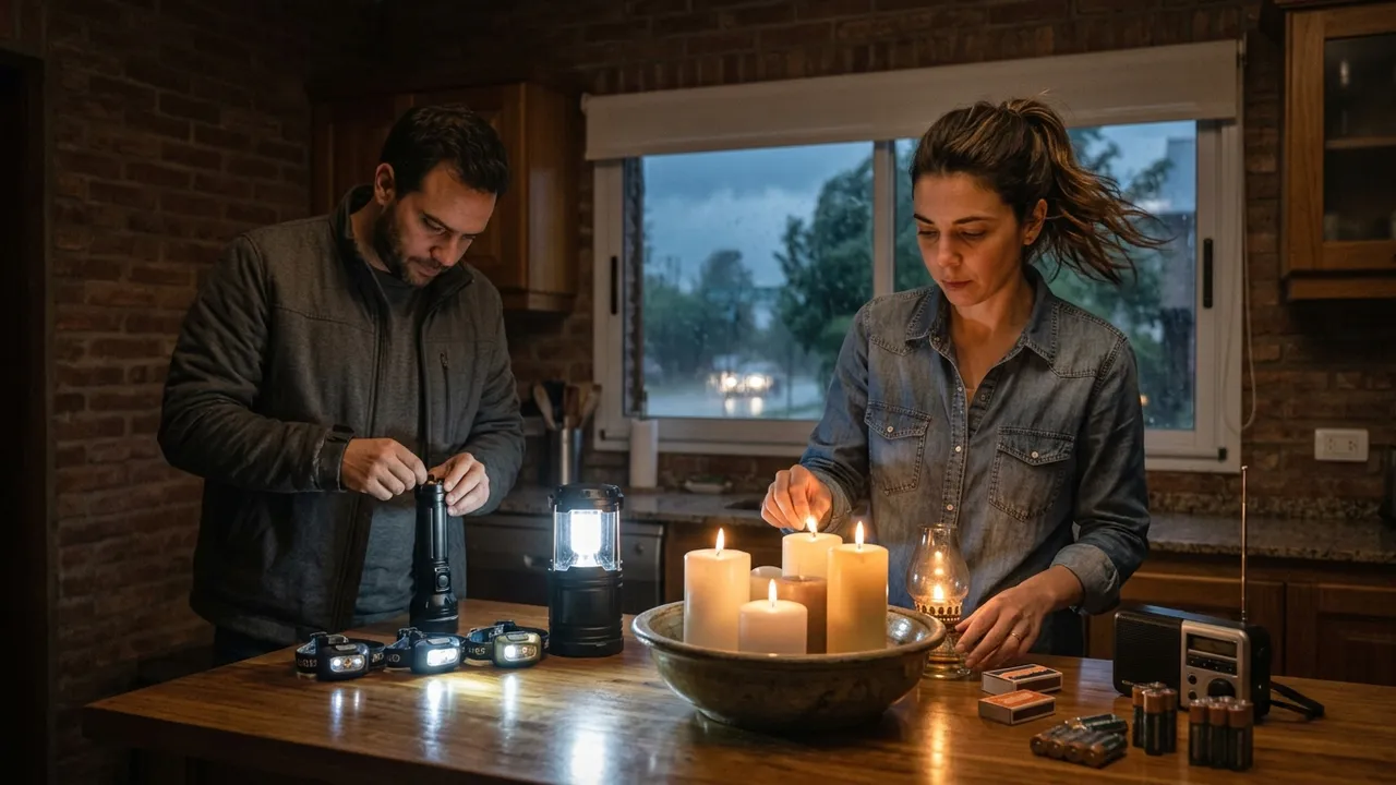Pareja preparando velas, linternas y radio a pilas sobre una mesa de madera mientras llueve intensamente afuera.