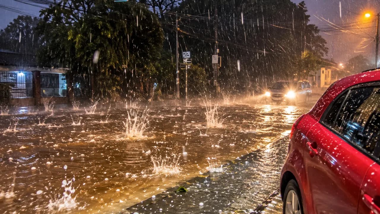 Calle urbana inundada por intensas lluvias nocturnas con granizo y agua rebotando con fuerza sobre el asfalto.