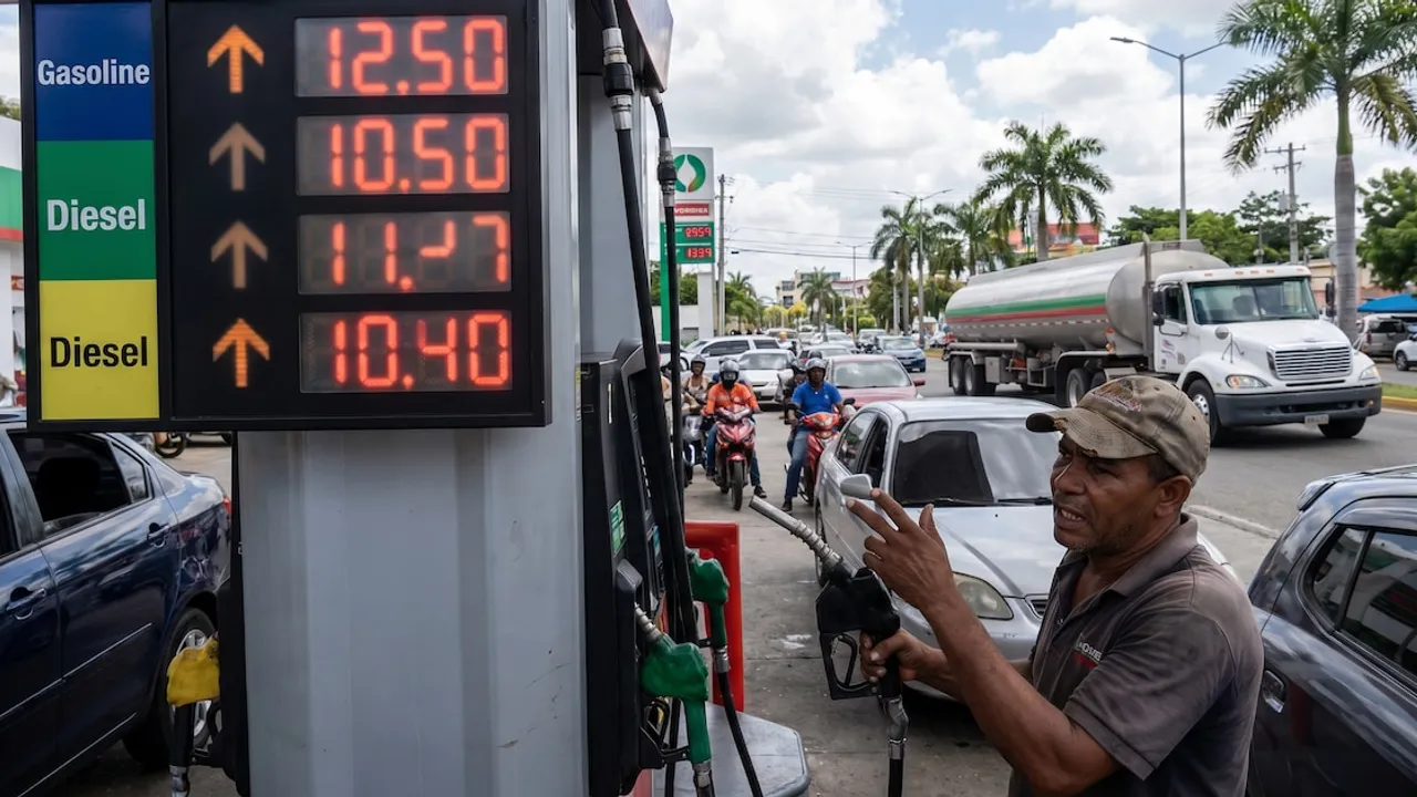 Playero sostiene la manguera de expendio frente al cartel digital de precios de nafta y diésel en una estación.