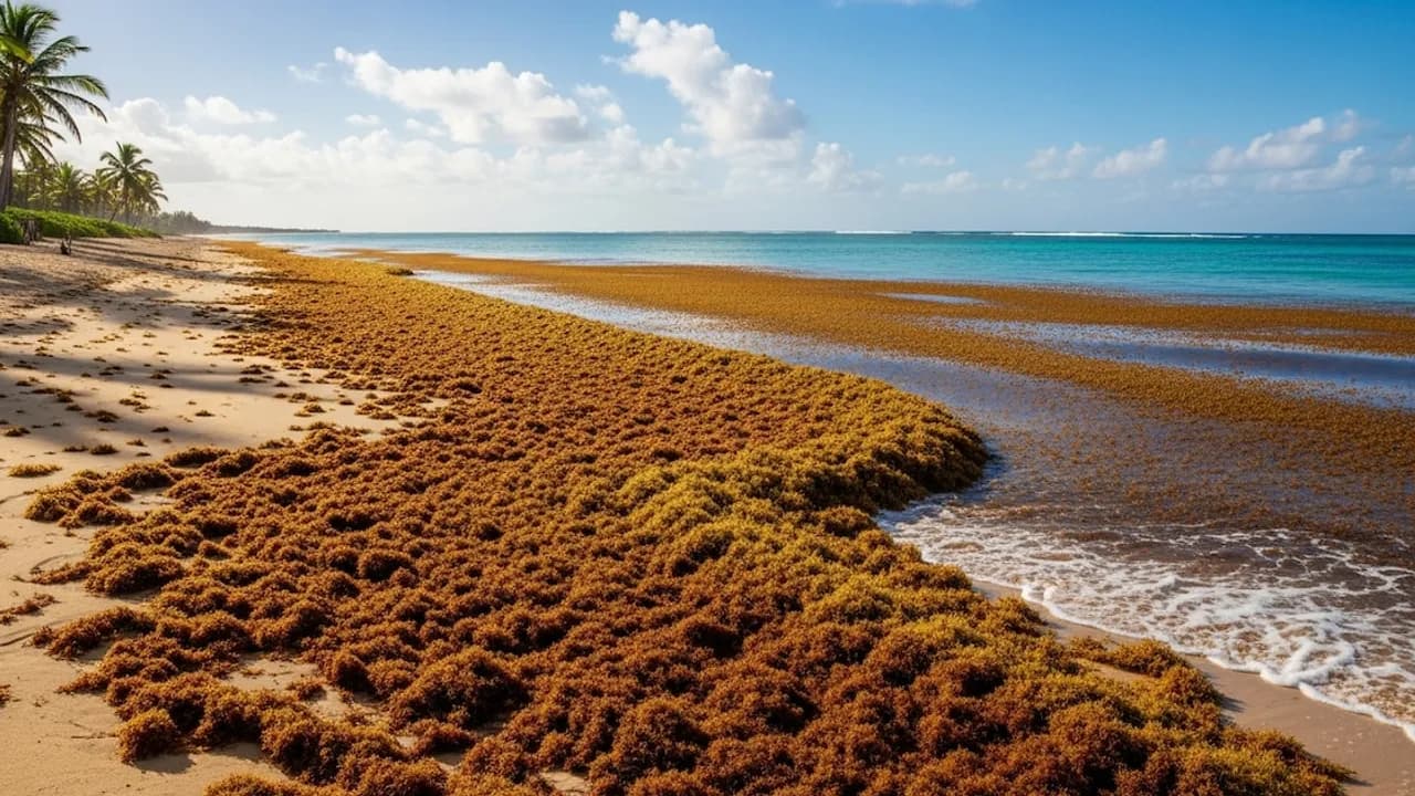 Extensa acumulación de algas marrones de sargazo sobre la arena y la orilla de una playa tropical caribeña.