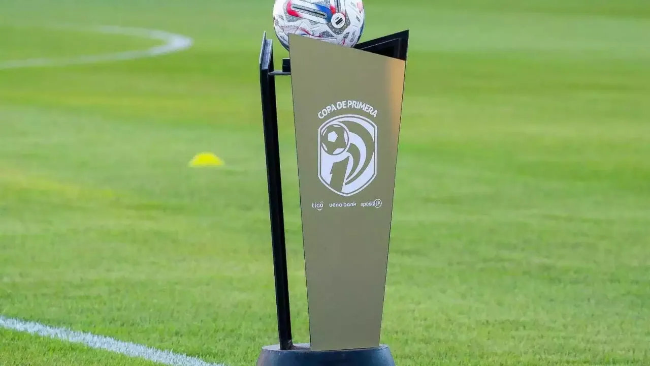 Balón oficial sobre el atril con el logotipo de la Copa de Primera colocado en el césped de una cancha
