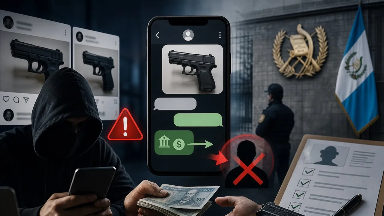 Un celular muestra el mensaje de venta de una pistola junto a billetes y un usuario encapuchado frente a pantallas.