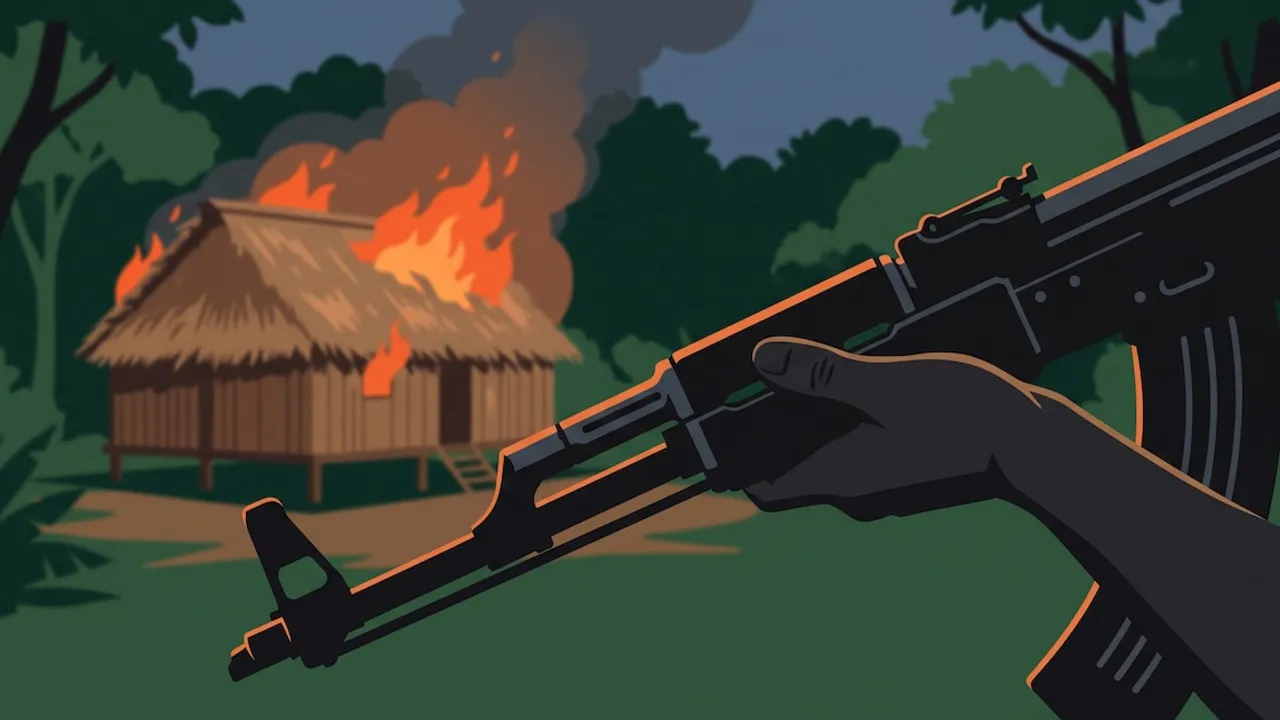 Ilustración de una choza comunal en llamas mientras una persona sostiene un fusil militar en primer plano