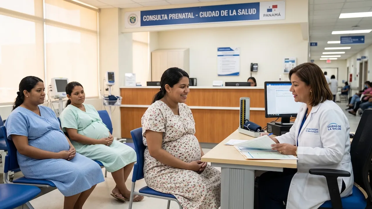 Una médica con bata blanca atiende en su escritorio a tres mujeres embarazadas vestidas con batas en una sala hospitalaria.