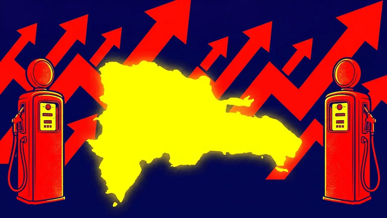 Silueta amarilla del mapa de República Dominicana flanqueada por surtidores de nafta y flechas rojas de incremento.