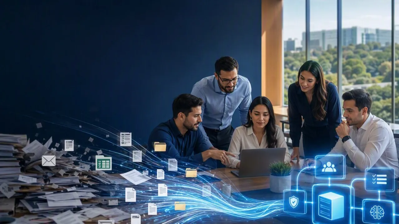 Grupo de profesionales en una oficina mirando una computadora portátil junto a gráficos digitales de flujo de datos.