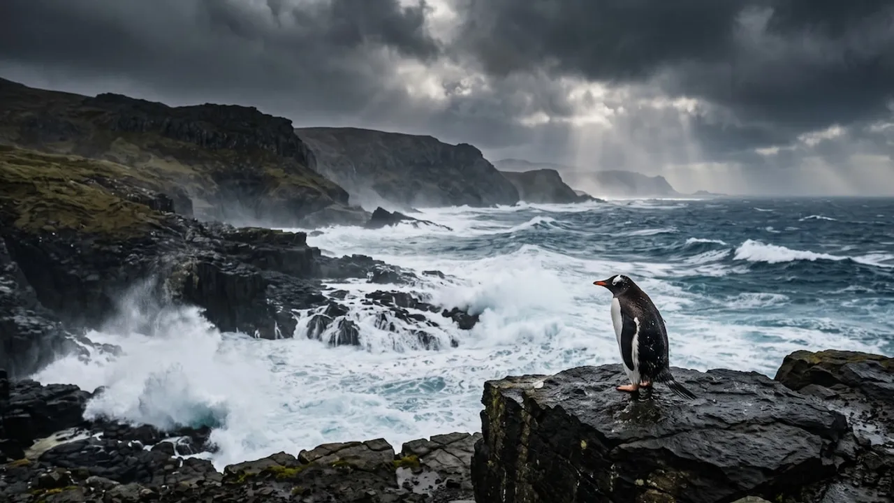 Un pingüino parado sobre rocas oscuras frente a un mar agitado con olas blancas bajo un cielo nublado.