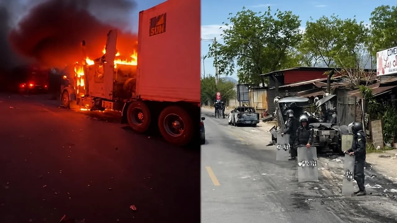 Un camión envuelto en llamas en una carretera y agentes policiales con escudos junto a un vehículo calcinado.