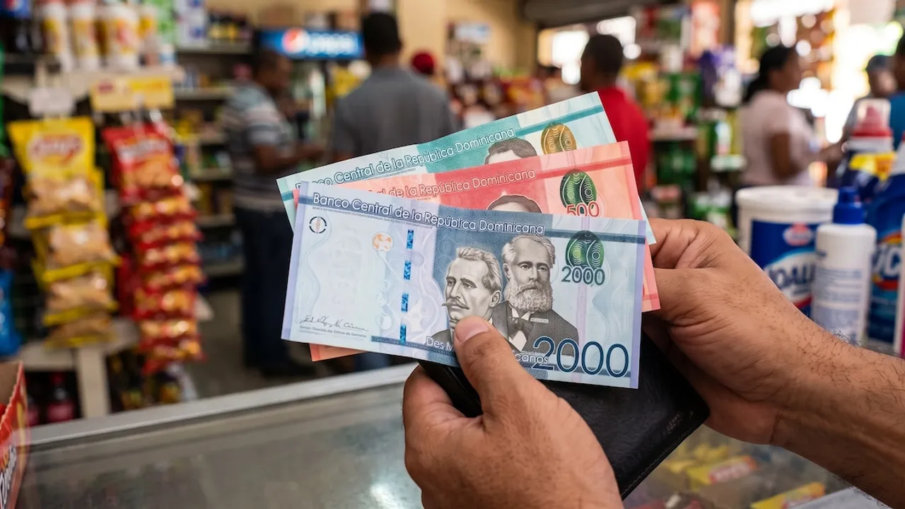 Manos sosteniendo billetes de dos mil y quinientos pesos dominicanos frente al mostrador de un comercio con estantes al fondo