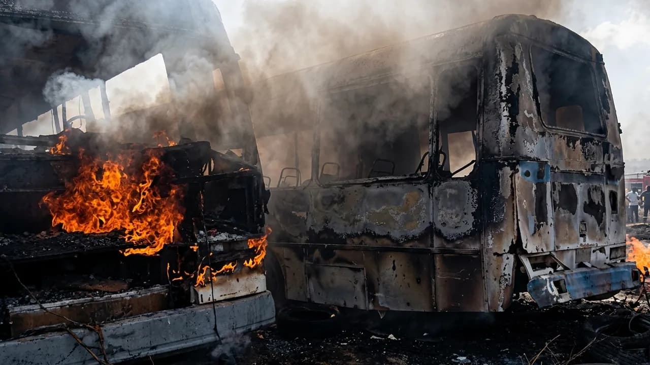 Carrocerías de dos colectivos envueltos en fuego y densas columnas de humo negro tras un siniestro