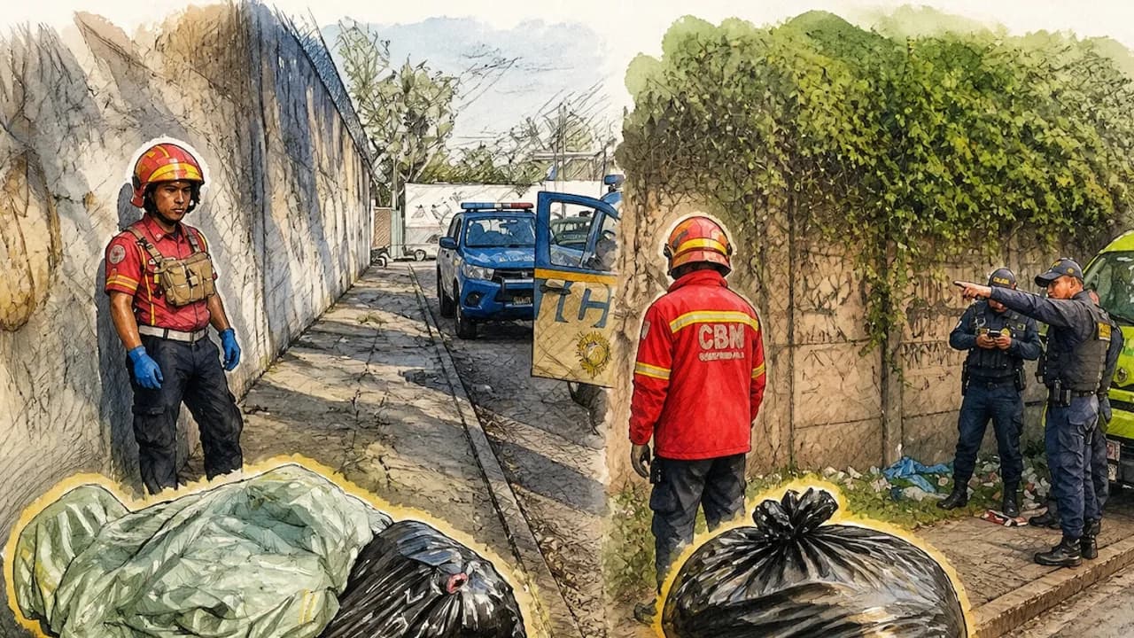 Ilustración de bomberos municipales y policías inspeccionando bultos sospechosos en una acera urbana.