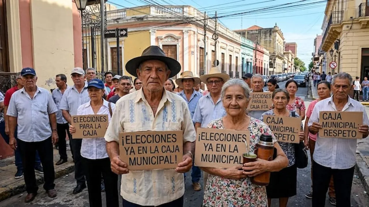 Manifestantes sostienen carteles de cartón exigiendo elecciones ya en la Caja Municipal en una calle céntrica.