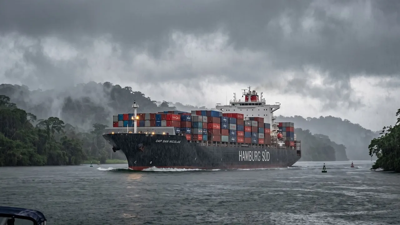 Gran buque portacontenedores navegando por las aguas del canal bajo un cielo nublado y lluvioso