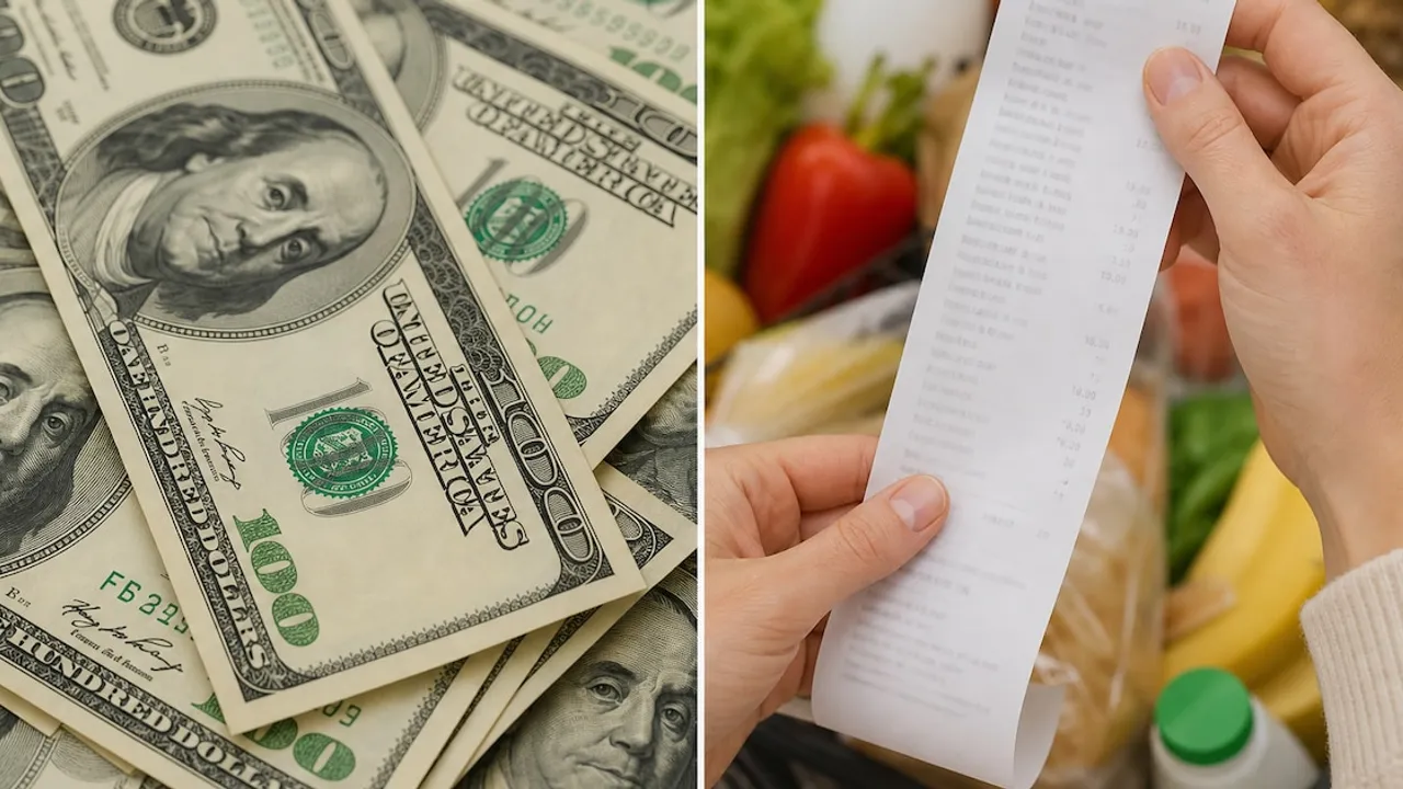 Billetes de cien dólares estadounidenses junto a una persona que revisa un recibo de compras de supermercado.