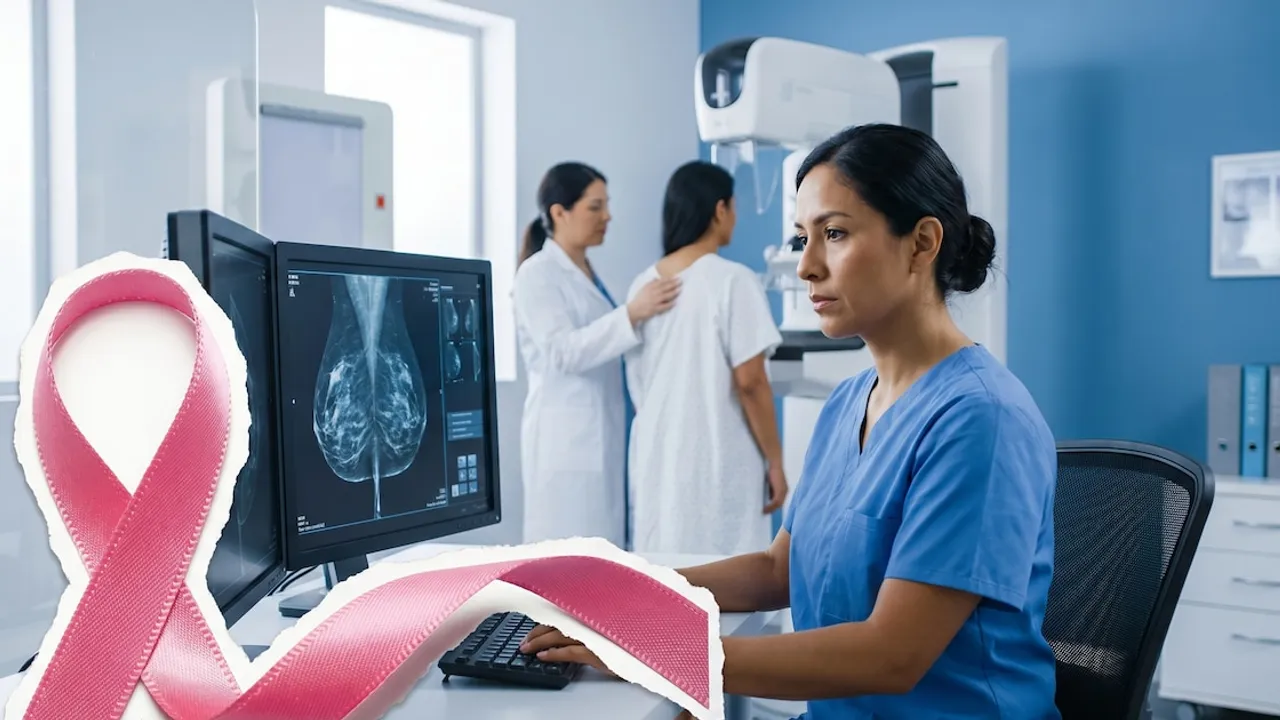 Especialista en radiología examina mamografías en pantallas junto a un lazo rosa de concientización.