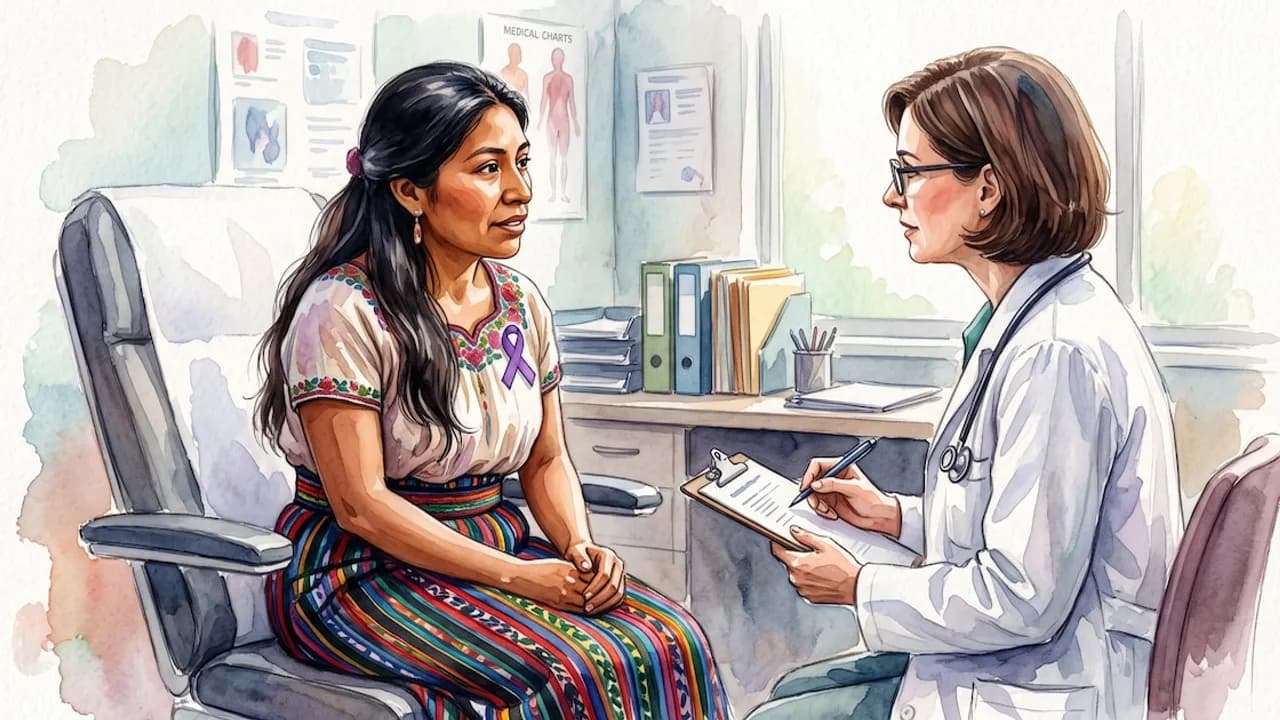 Ilustración en acuarela de una médica con bata blanca y estetoscopio atendiendo a una paciente en consulta