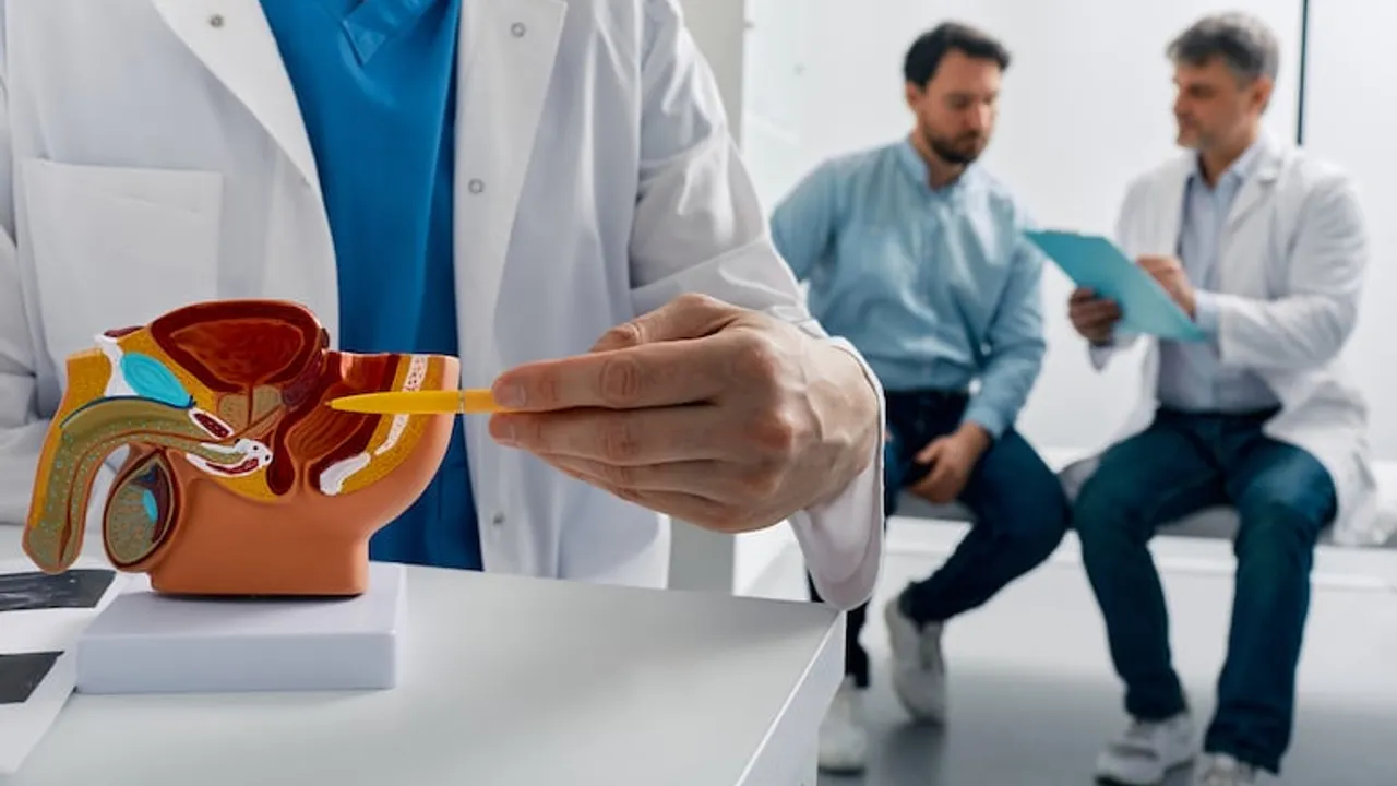 Médico señalando una maqueta anatómica del aparato reproductor masculino durante una consulta clínica.