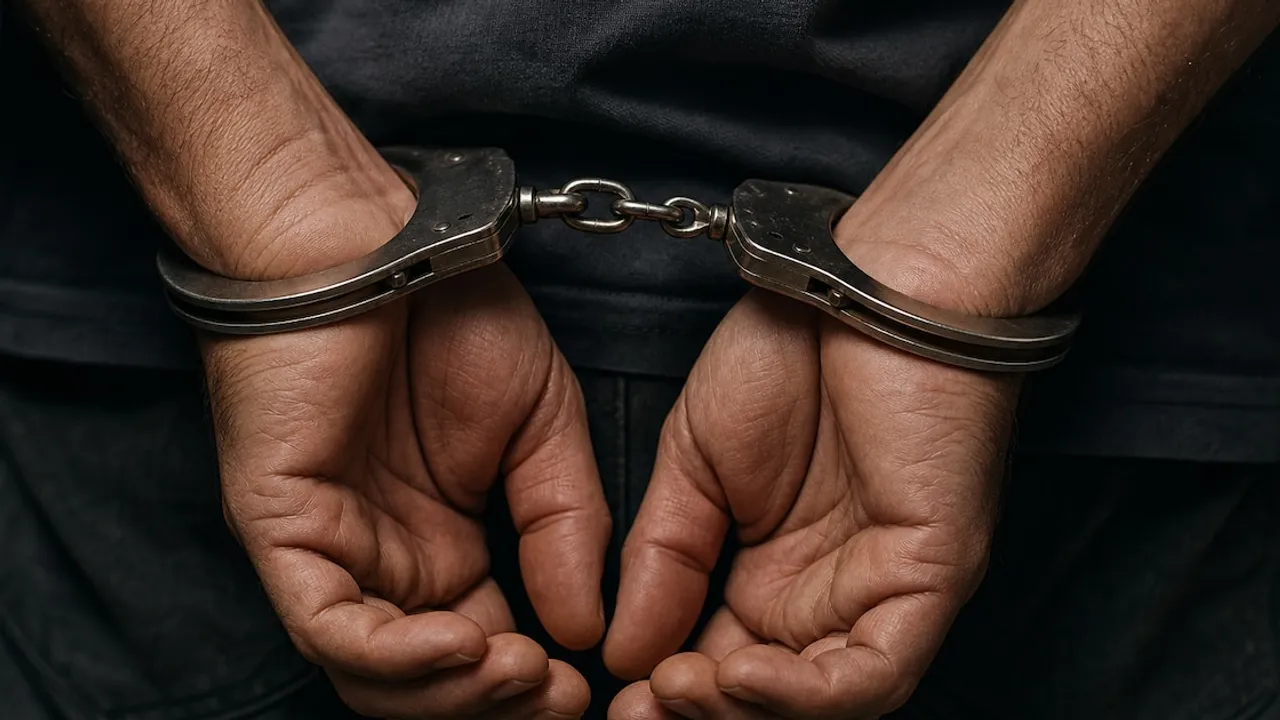 Manos de una persona esposadas por la espalda mientras viste ropa oscura en un ambiente policial.