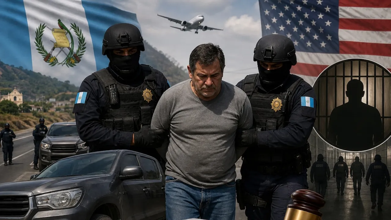 Agentes policiales con cascos y uniformes tácticos custodian a un hombre detenido en una ruta con banderas de fondo.