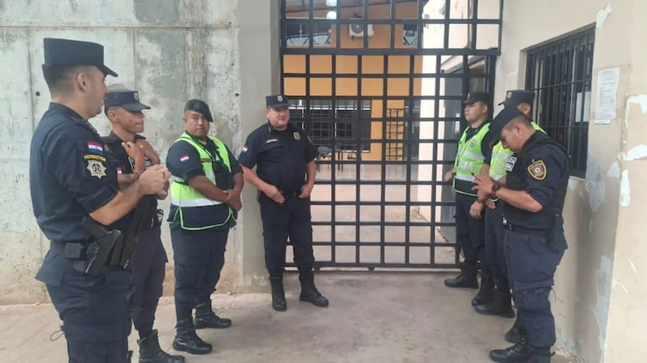Agentes penitenciarios y policías conversan frente al portón de rejas metálicas de acceso a un pabellón carcelario.