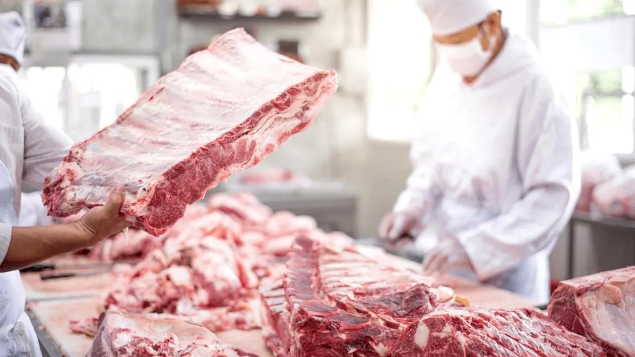 Operarios con mascarillas y uniformes blancos manipulan cortes de carne vacuna fresca en una planta procesadora.