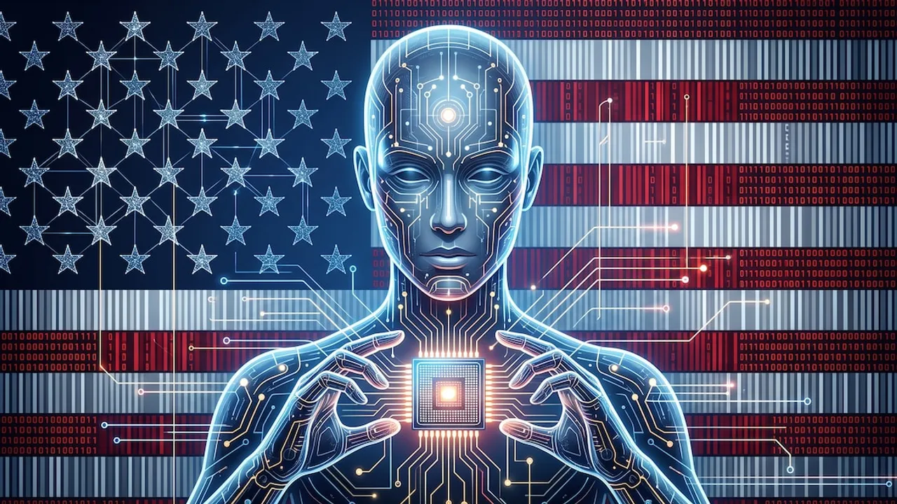 Figura digital antropomórfica sosteniendo un microprocesador brillante frente a una bandera estadounidense de circuitos.