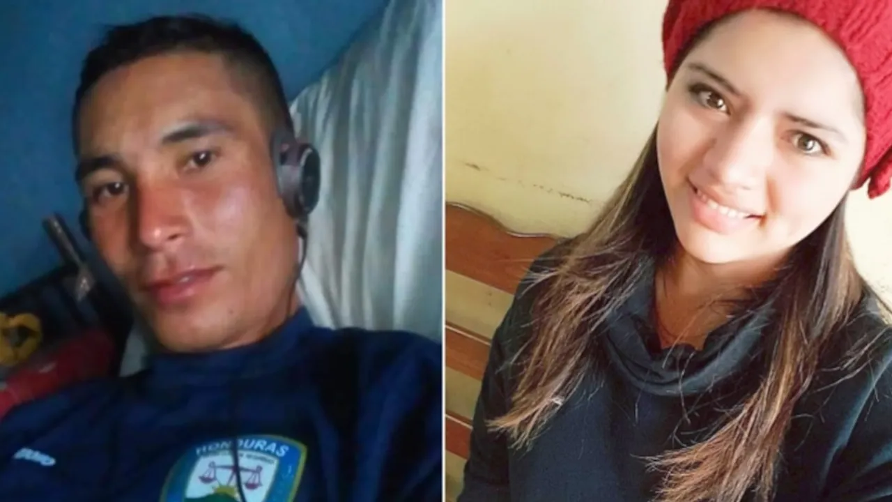 Retratos divididos de un hombre con uniforme policial y una joven sonriente con boina de lana roja.