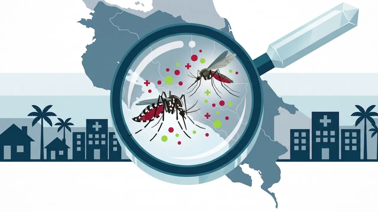 Ilustración de una lupa enfocando dos mosquitos transmisores sobre el mapa de un país y siluetas urbanas.