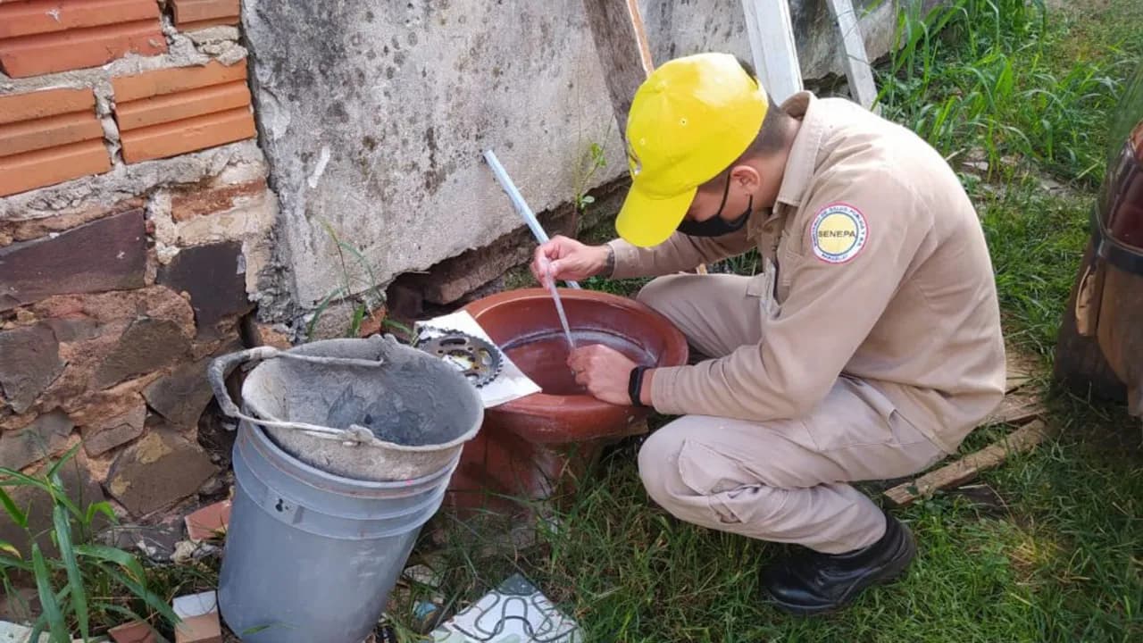 Funcionario con uniforme del Senepa y gorra amarilla inspecciona un recipiente con agua en el patio de una casa.