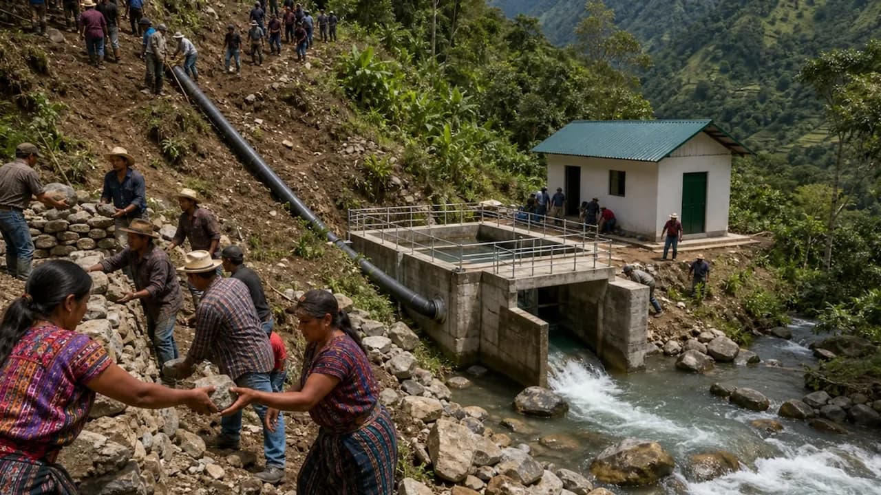 Comuneros transportan piedras al lado de una toma de agua y una caseta técnica junto a un río de montaña.