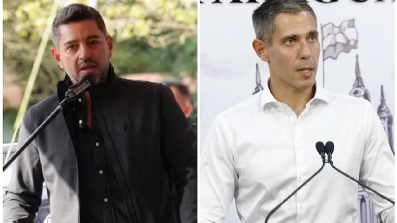 Dos dirigentes políticos frente a micrófonos durante distintos actos oficiales y conferencias de prensa.